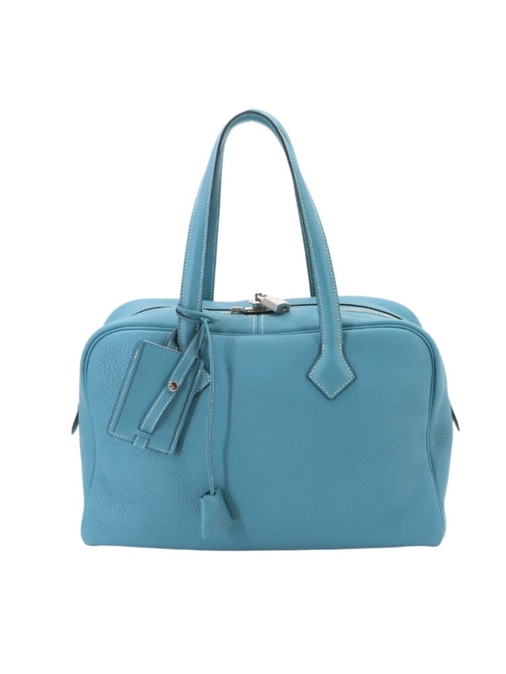 Hermes Victoria 35 Hand Bag Taurillon Clemence Blue Jean Silver